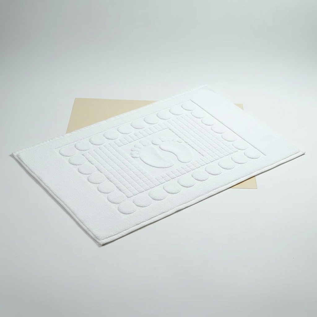 View of a fresh white SoftStepMat non-slip cotton bath mat, perfect for a contemporary bathroom