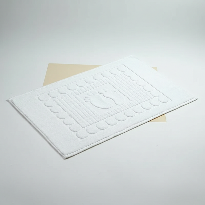 View of a fresh white SoftStepMat non-slip cotton bath mat, perfect for a contemporary bathroom