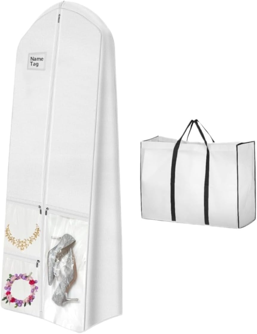 White wedding dress garment bag with accessory pockets, ideal for bridal gown storage and travel.