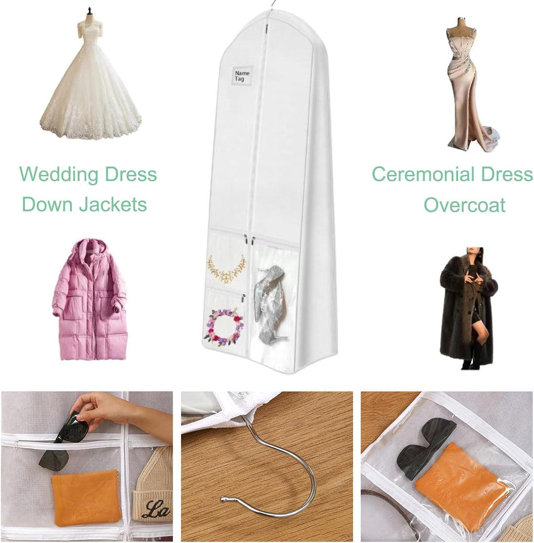 Travel-friendly wedding dress carrier, dustproof with integrated accessory pockets.