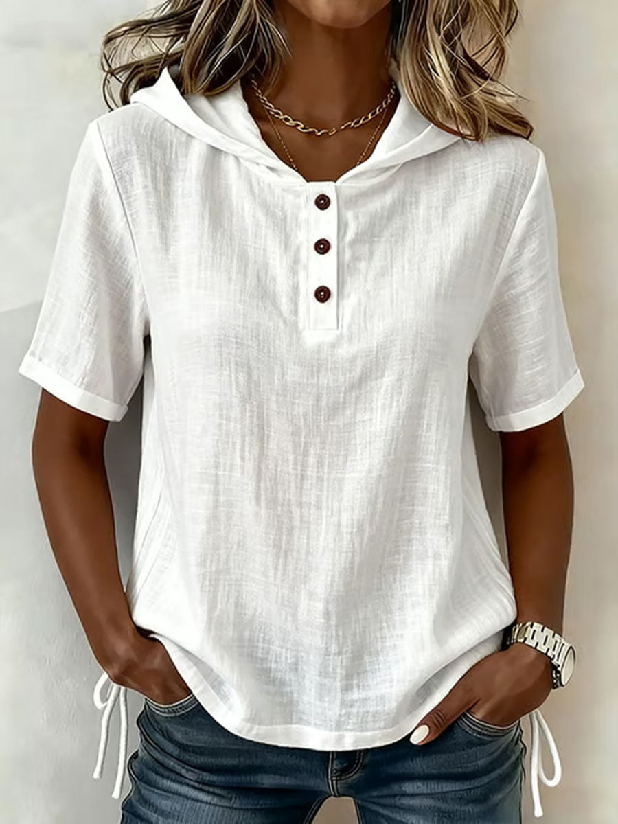 White women's casual hooded shirt with long sleeves & button-down front, perfect for spring everyday wear.