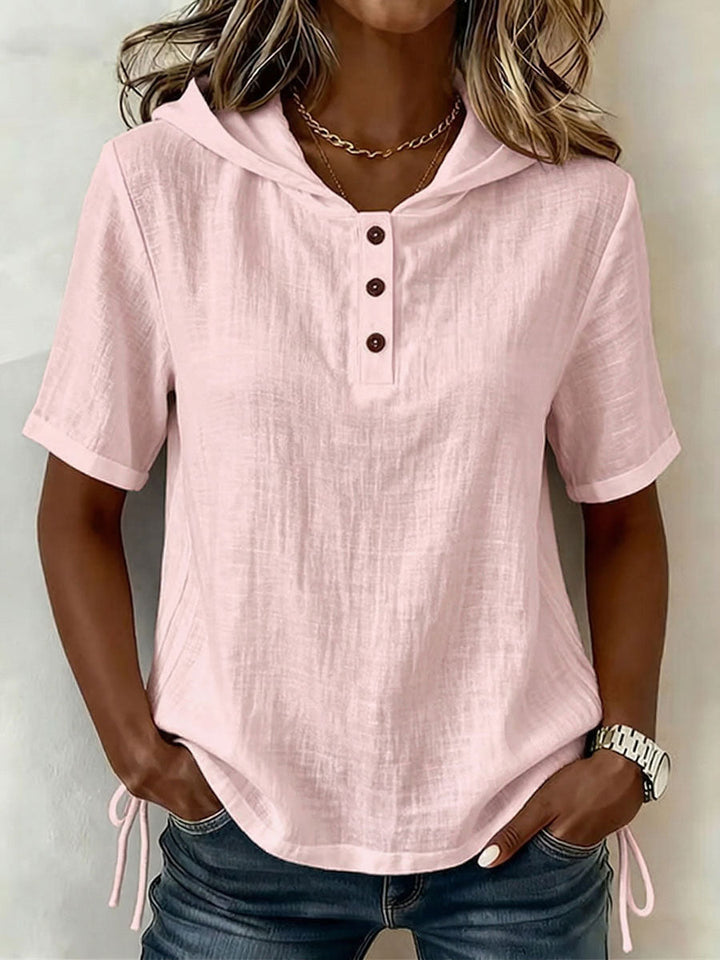 Navy women's hooded button-down shirt, a comfortable long sleeve top for casual spring & everyday wear.