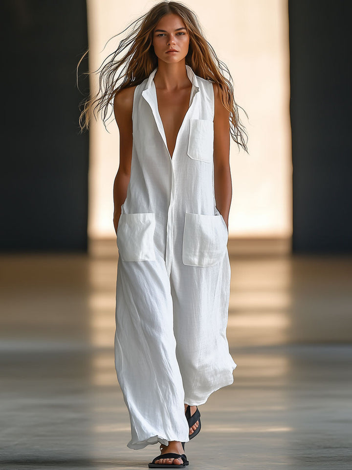 White women's casual retro sleeveless wide-leg jumpsuit. Ideal for summer vacation & relaxed fit.
