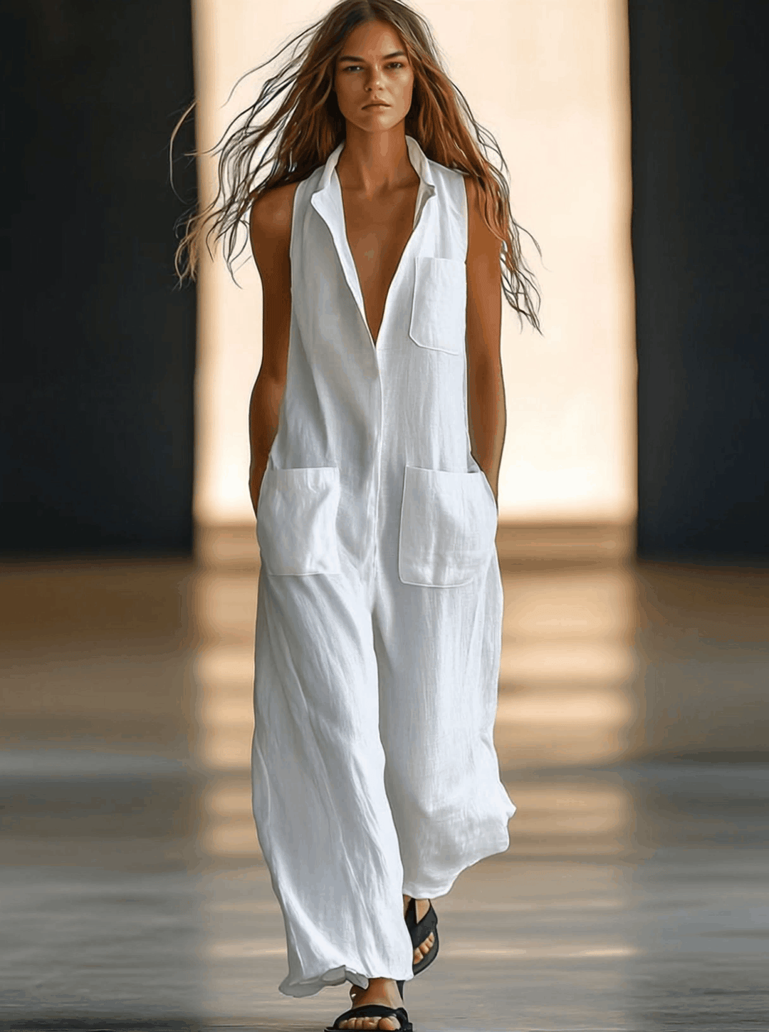 Stylish white retro wide-leg sleeveless jumpsuit for women. Comfortable one-piece, perfect for summer outings.