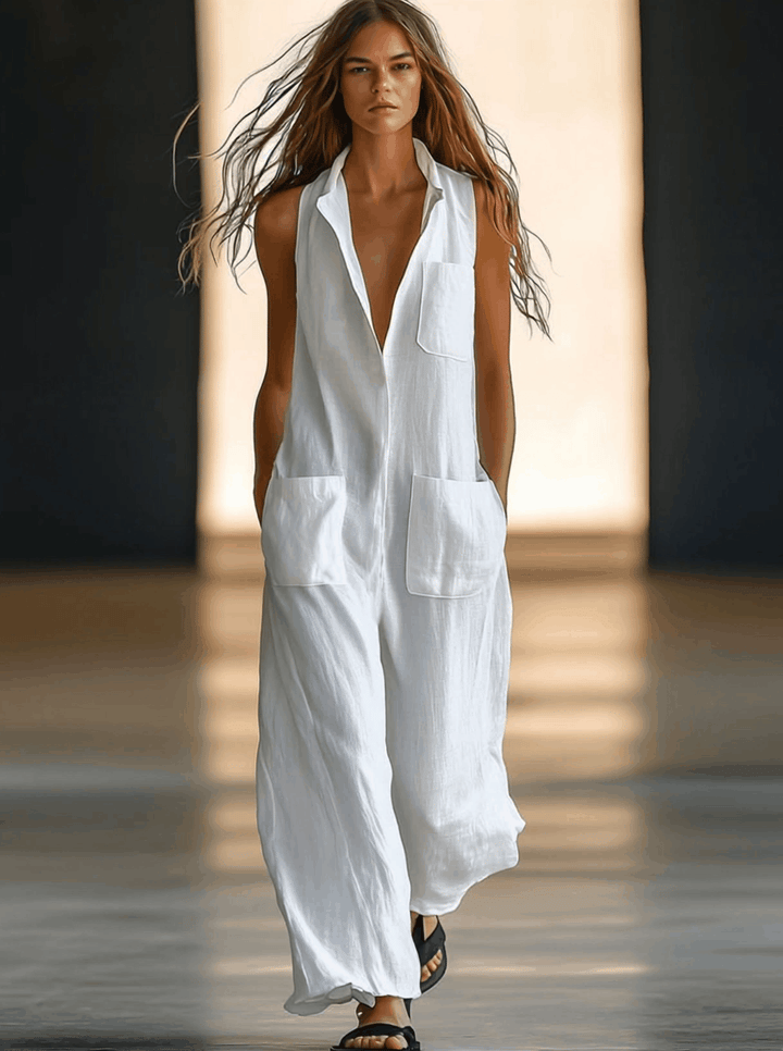 Stylish white retro wide-leg sleeveless jumpsuit for women. Comfortable one-piece, perfect for summer outings.