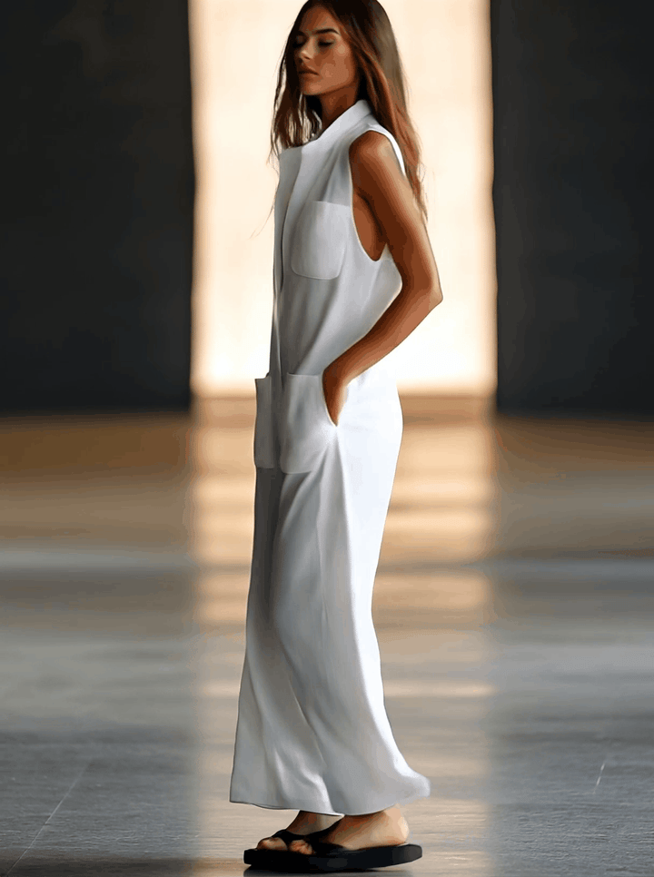 Women's casual white sleeveless wide-leg jumpsuit with a retro feel. Relaxed fit for comfortable summer wear.