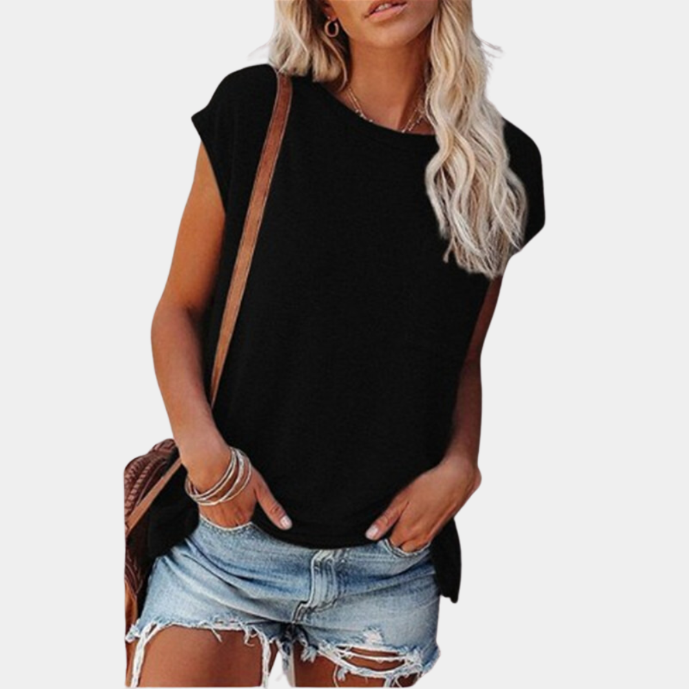 Women's casual summer t-shirt on a hanger, highlighting its loose fit and comfortable design