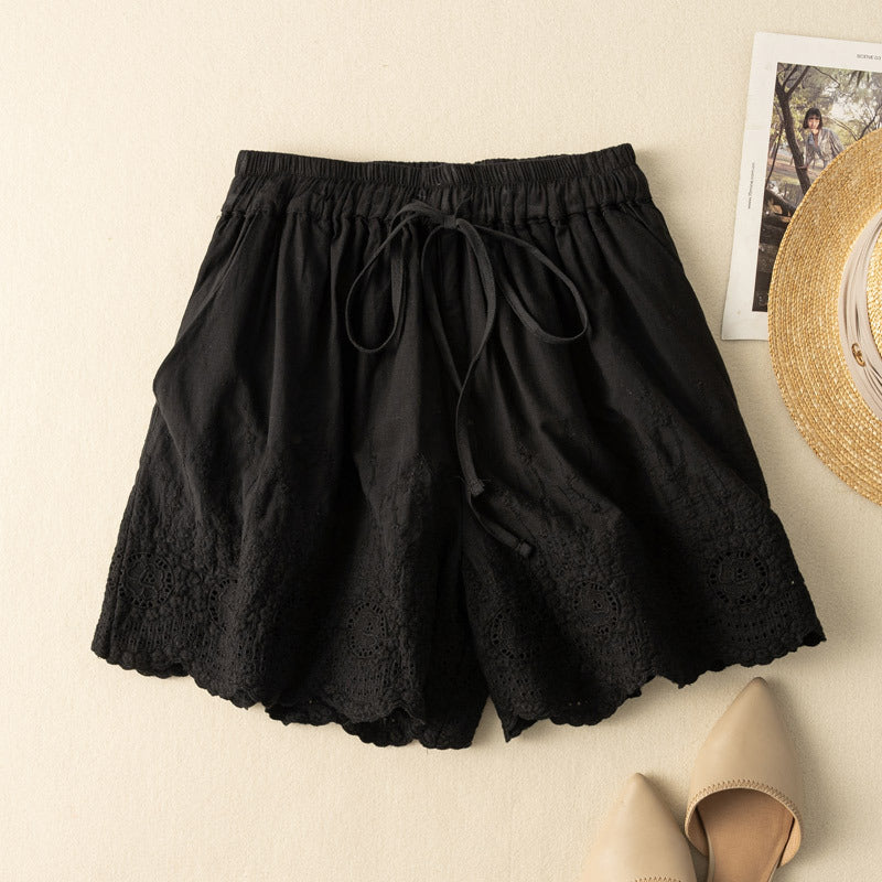 Black casual drawstring shorts for women, with pretty lace trim, great for summer vacations & daily wear.