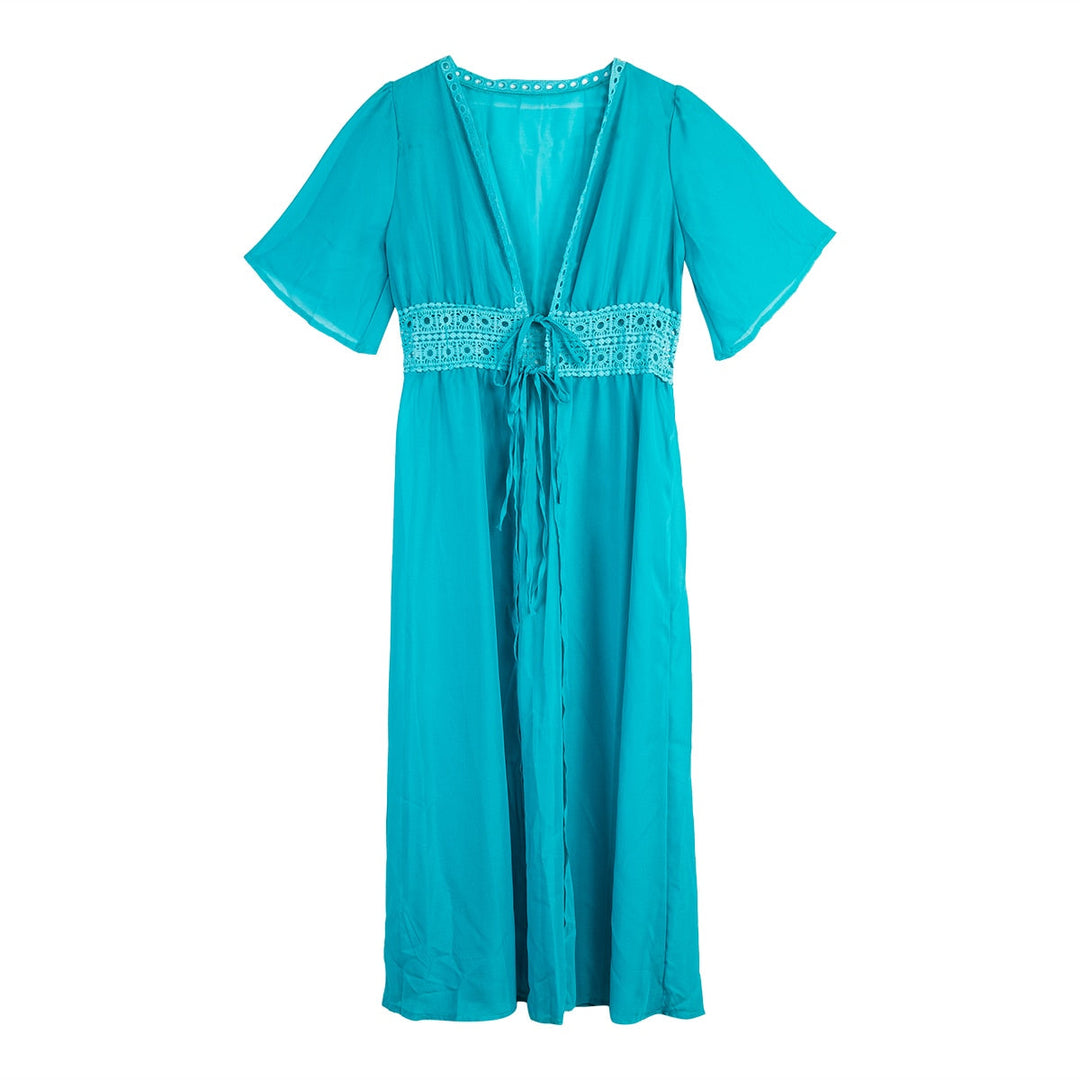 Versatile women's black beach cover-up: long dress with delicate lace accents, V-neck, and bow tie closure.