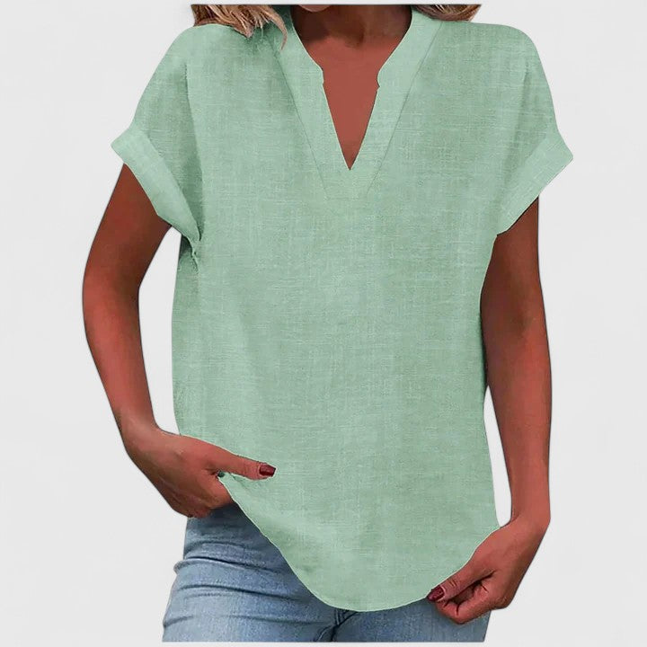 Everyday comfort: a classic Blue V-Neck Blouse, loose fit, perfect for women's casual fashion.