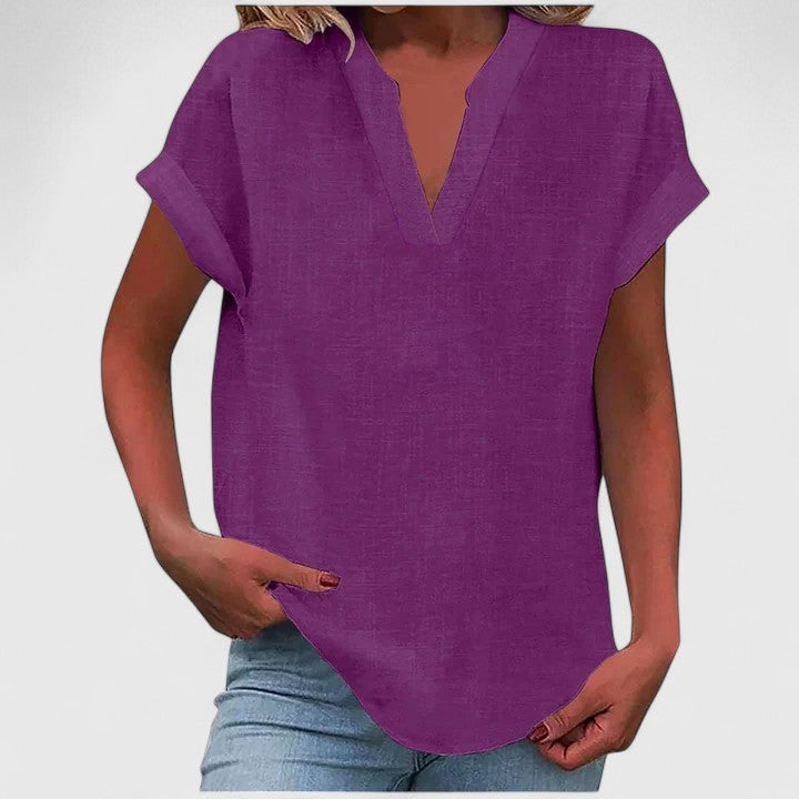 Blue V-Neck Cap Sleeve Blouse, a flowy women's top perfect for spring & summer relaxed fashion.