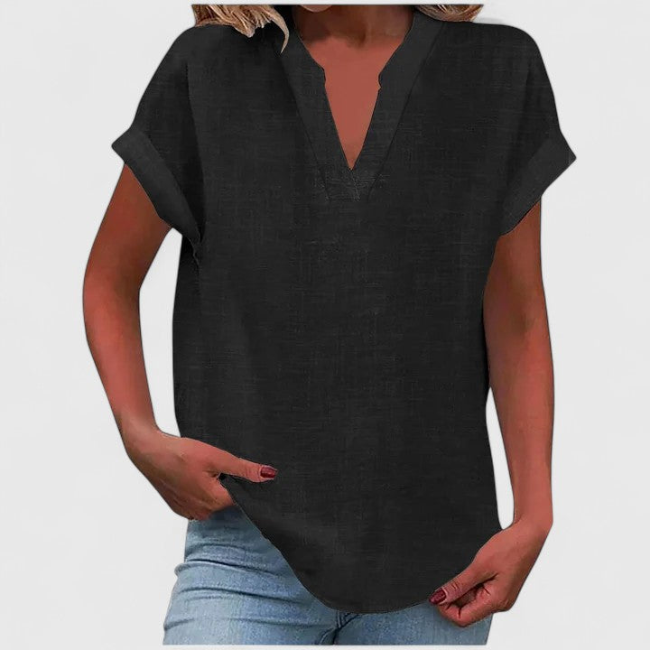 Stylish Black Loose Fit V-Neck Blouse, offering versatile everyday comfort for women.