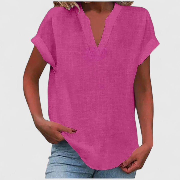 Casual Green Women's Blouse, a comfy V-neck top with a relaxed fit & cap sleeves.