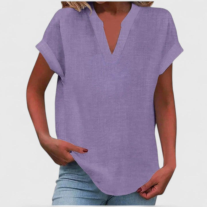 Chic Grey Loose Fit V-Neck Blouse, a versatile cap sleeve women's top for spring fashion.