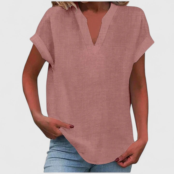 Summer-ready Yellow V-Neck Blouse, a flowy & loose fit top for women's casual everyday comfort.