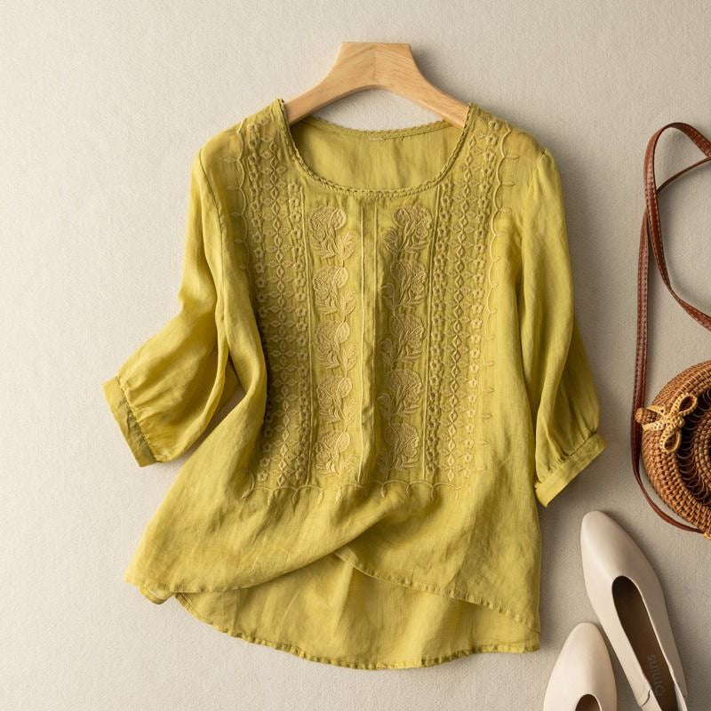 White Women's Meadow Embroidered Blouse, relaxed fit, boho summer top for casual chic style.
