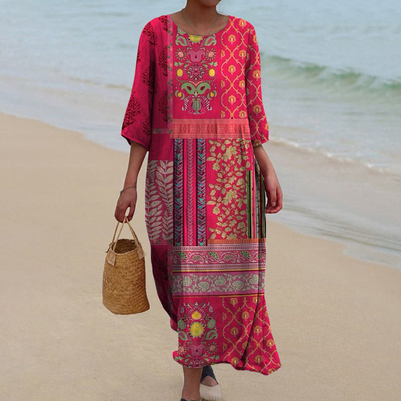 Willow Women's red boho maxi dress, loose & flowing. Bohemian style casual summer vacation dress for comfort.