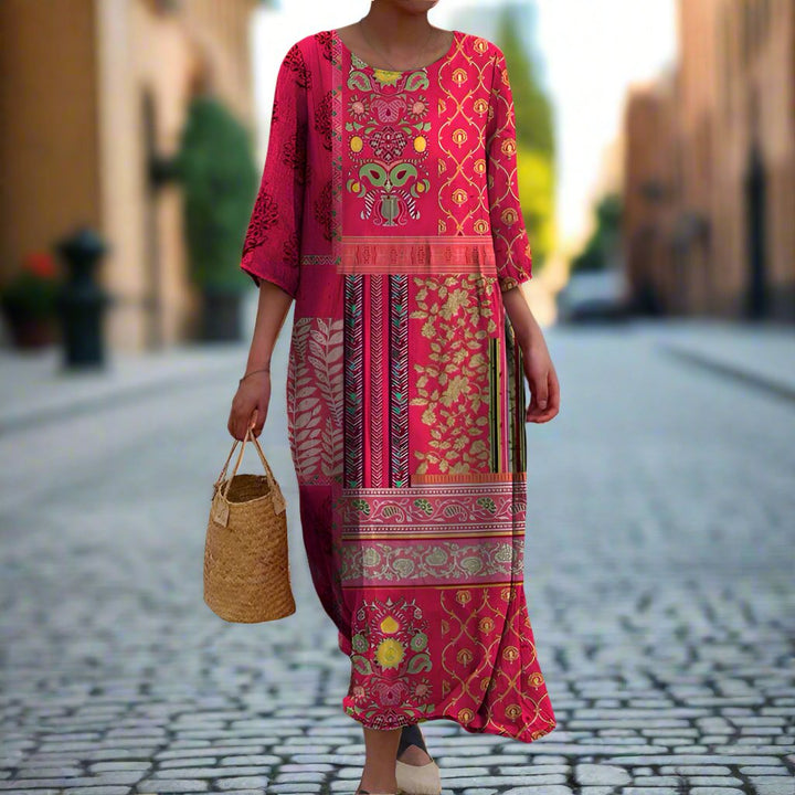 Plus size women's flowing bohemian midi dress, loose fit. Stylish casual summer outfit, perfect for vacation.