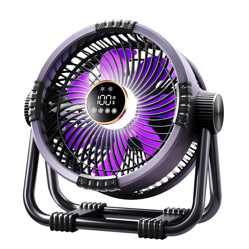 Portable WindMate camping fan with LED light and remote control, ideal for outdoor gear and tents