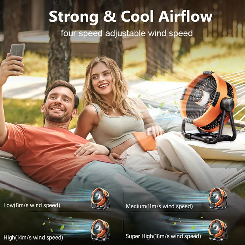 Rechargeable WindMate fan with power bank function, LED light, and remote for camping adventures