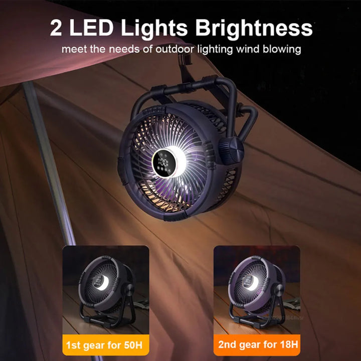 Outdoor cooling solution: WindMate fan, 20000mAh battery, LED light & remote for camping comfort