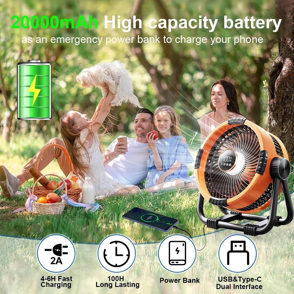 WindMate camping accessory: portable fan with LED light, remote control, and powerful 20000mAh battery