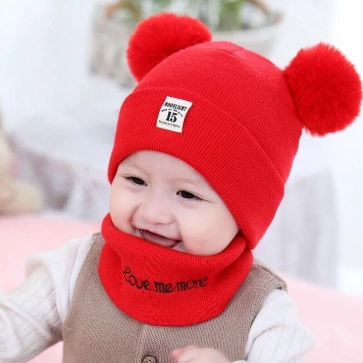 Warm knitted beanie with pom-pom for kids, purple, perfect for winter outdoor play