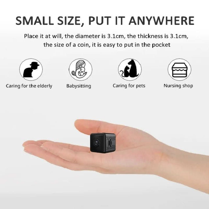 Advanced 1080P wireless mini security camera with app access and real-time monitoring.
