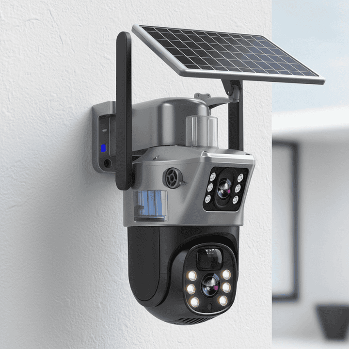 Wireless 4K PTZ security camera with solar panel, perfect for outdoor home surveillance.