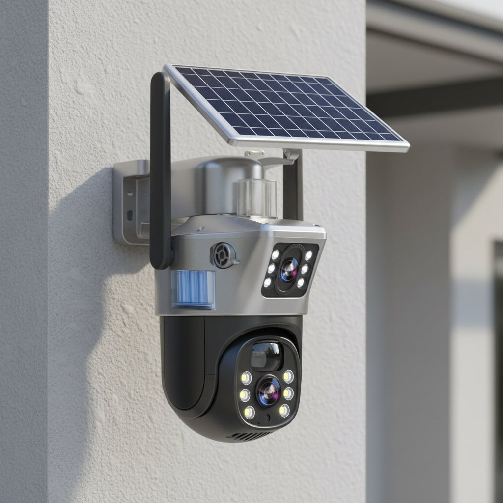 4K wireless PTZ outdoor security camera for smart home surveillance, solar-powered for continuous use.