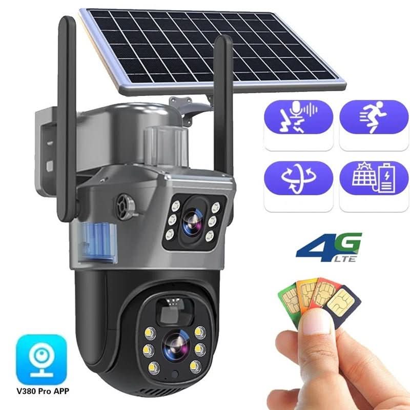 PTZ 360° view wireless security camera, solar-powered for continuous outdoor home surveillance.