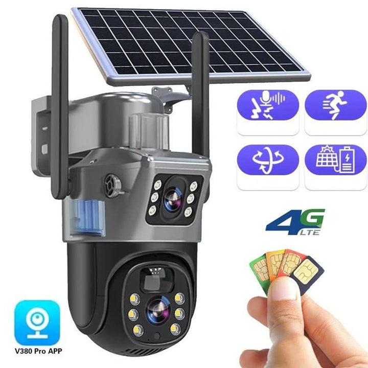 PTZ 360° view wireless security camera, solar-powered for continuous outdoor home surveillance.