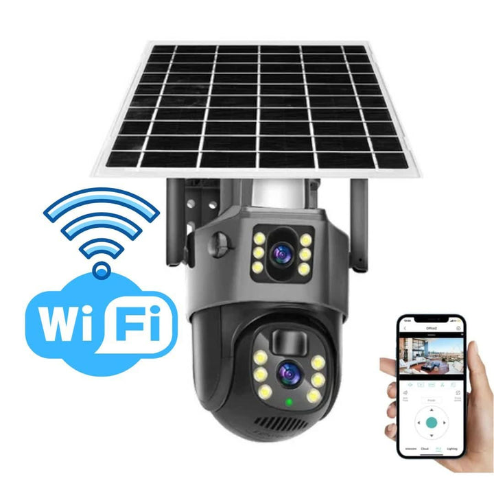 Easy-install wireless 4K outdoor security camera, PTZ function, solar panel for eco-friendly power.