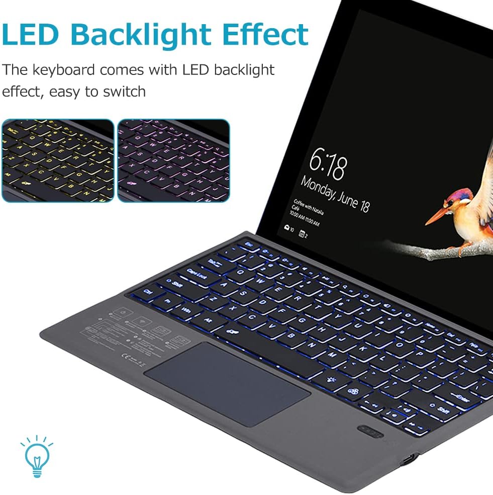 Wireless Surface Pro keyboard showing its backlit feature, ideal for low-light use