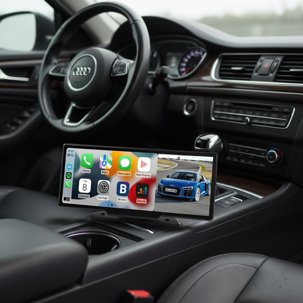 Wireless CarPlay adapter, DriveVista, on a sleek car dashboard, displaying navigation and music for an enhanced driving experience