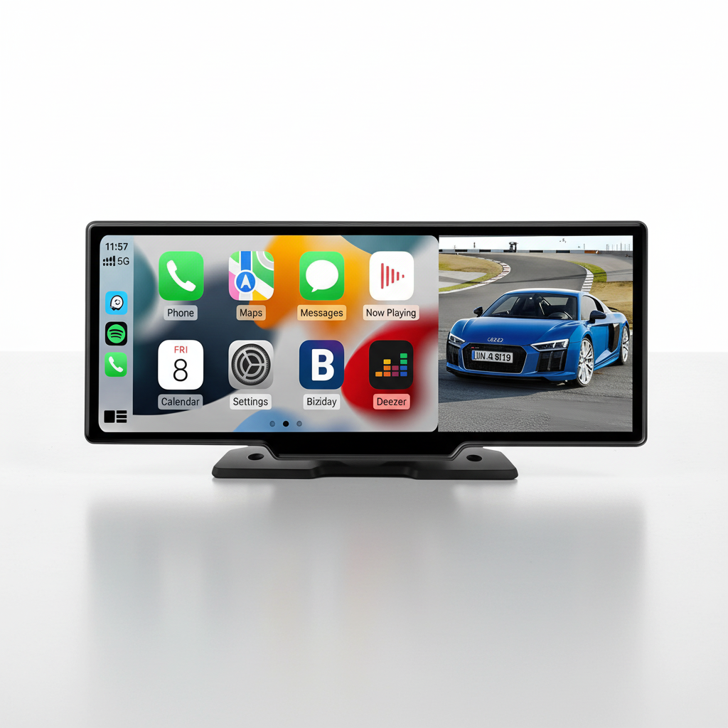 Unisex Wireless Smart Car Display, DriveVista infotainment system, showing Apple CarPlay interface with various apps and rearview camera view