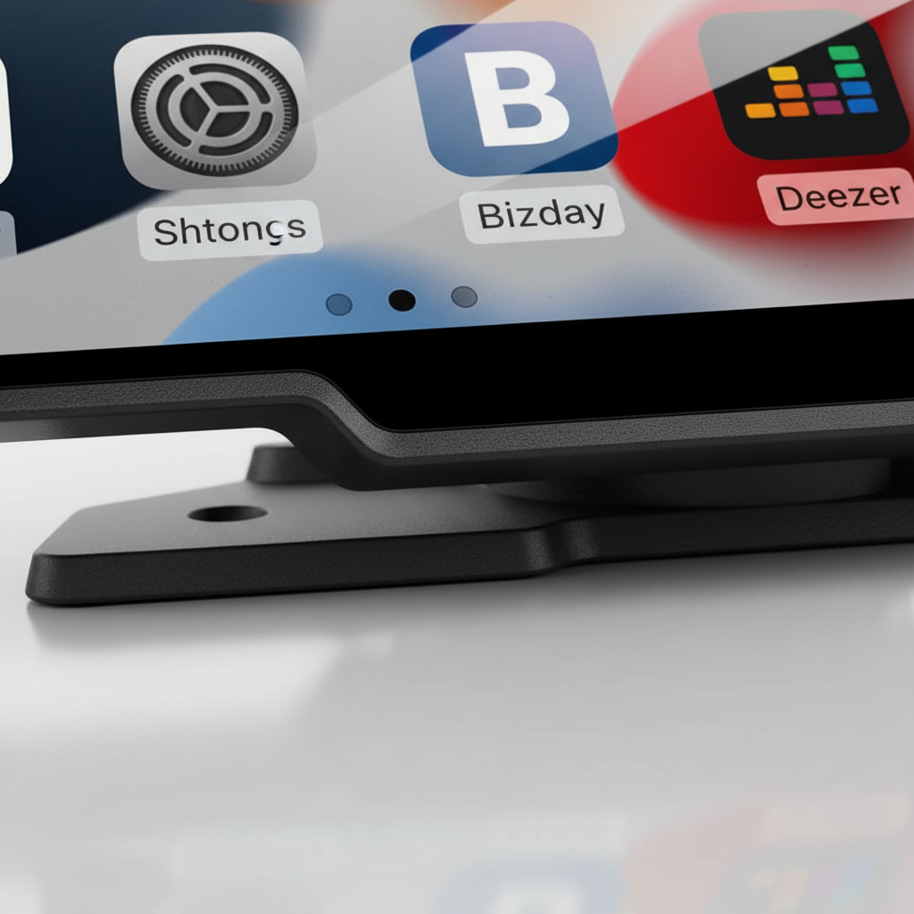 Close-up of a Wireless CarPlay Adapter, DriveVista, integrated into a vehicle's dashboard, providing a touchscreen navigation system and media control