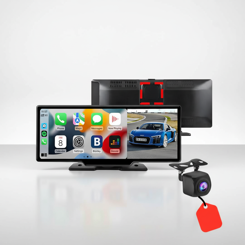 Vehicle interior featuring a Wireless CarPlay Smart Display by DriveVista, offering Android Auto and Apple CarPlay for a modern, connected driving accessory