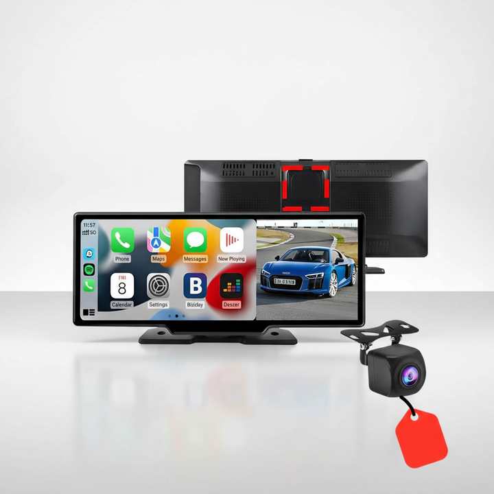 Vehicle interior featuring a Wireless CarPlay Smart Display by DriveVista, offering Android Auto and Apple CarPlay for a modern, connected driving accessory