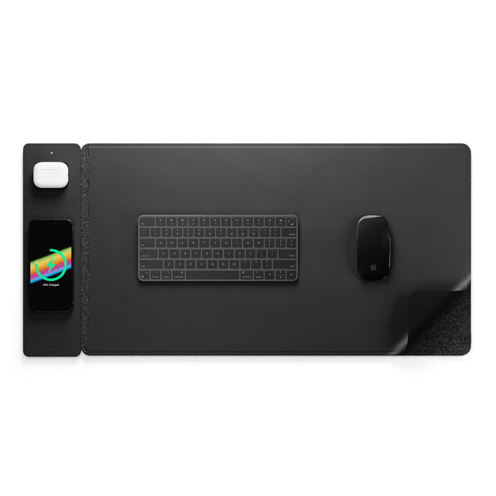 Wireless charging desk mat in vegan leather & felt. Reversible, organize workspace & charge smartphone/earbuds.