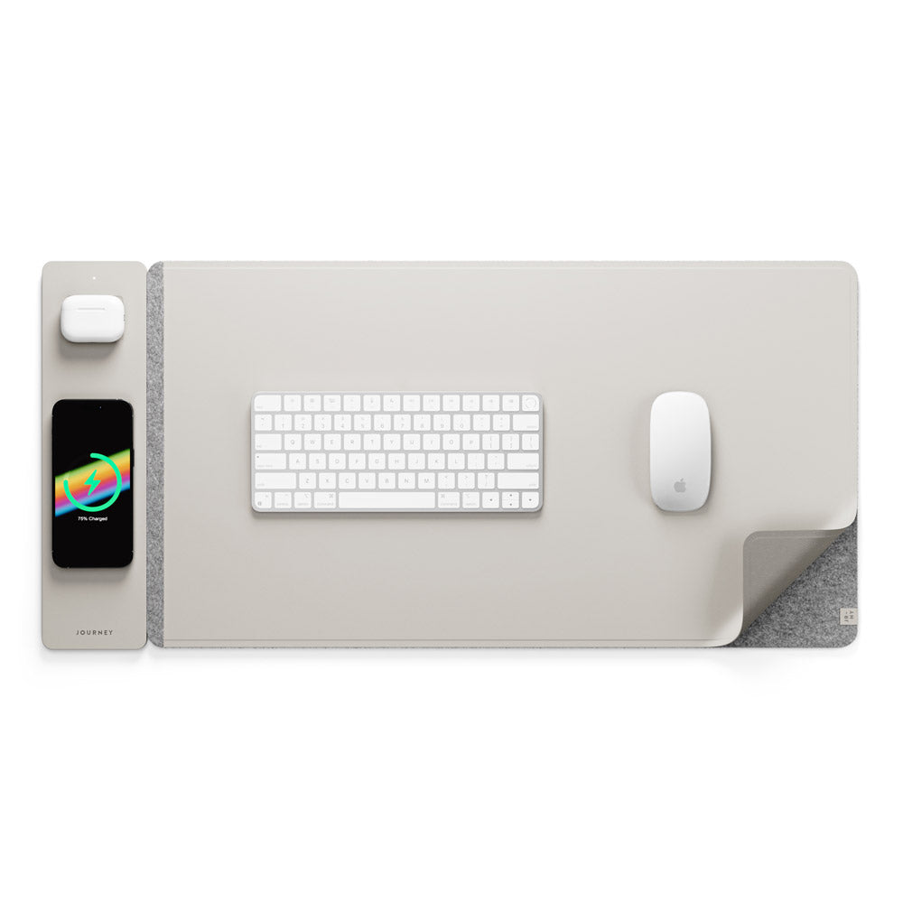 Premium reversible desk mat & wireless charger. Vegan leather & felt, stylish office organizer for all your tech.