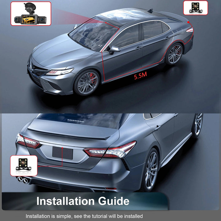 Mobile app controlled wireless front & rear dash cam for car surveillance & real-time viewing.