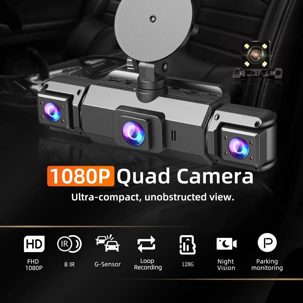 Front view of a wireless car dash camera with night vision. Clear road recording for safety.