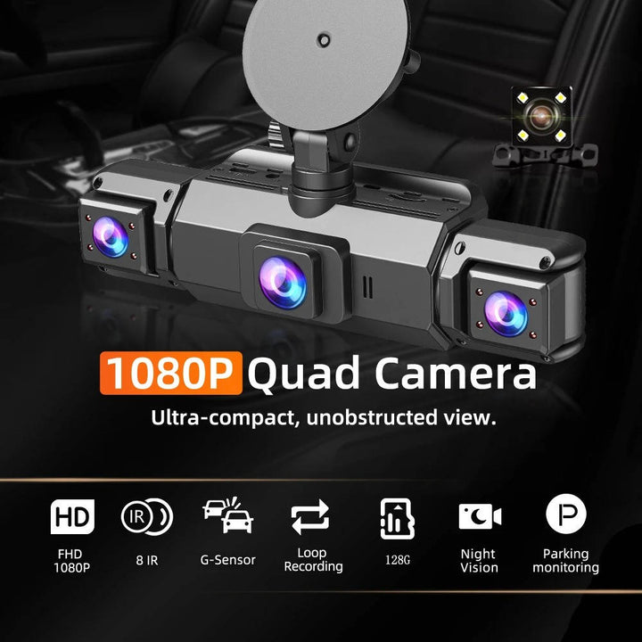 Front view of a wireless car dash camera with night vision. Clear road recording for safety.