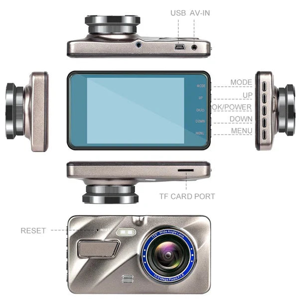 Compact wireless car dash cam showing front & rear views. Easy install auto cam for secure HD driving.