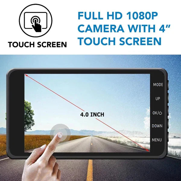 Dual wireless dash cam system for car, capturing front & rear views with night vision, improving driving security.