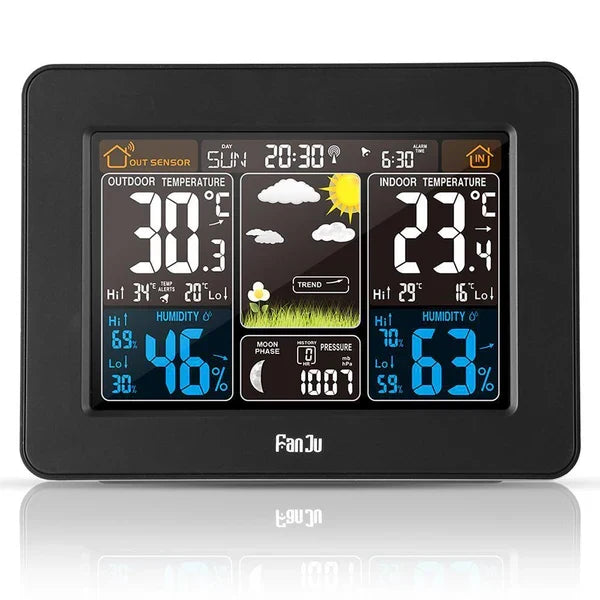 Wireless home weather station with indoor/outdoor sensors for accurate temperature and humidity monitoring.