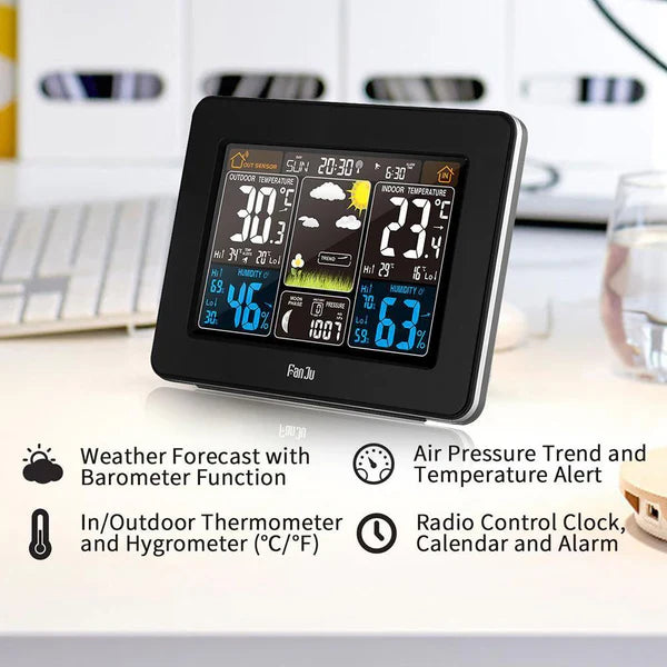 Home weather station kit with wireless outdoor sensor, clear digital display for temp, humidity, and weather forecast.