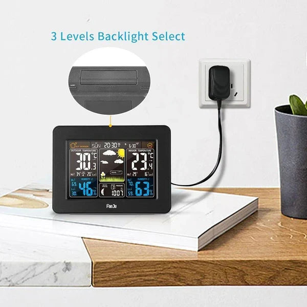 Compact indoor/outdoor wireless weather station, a smart home gadget for precise climate & humidity monitoring.