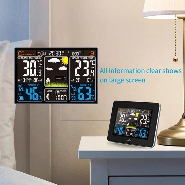 Wireless digital weather station with remote sensor for home climate monitoring, temperature, humidity, and forecast.